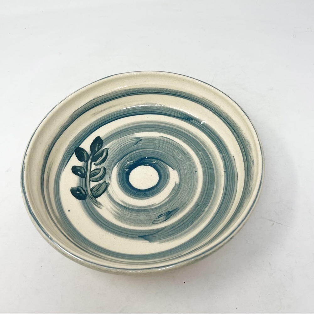 Signed Hand Thrown Artist Pottery Bowl Ivory Green Leaf Design 8.25” MVT Signed